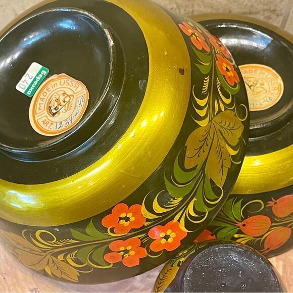 Russian Khokhloma Hand Painted Vintage Wooden Folk Art Bowl Set - Picture 8 of 16